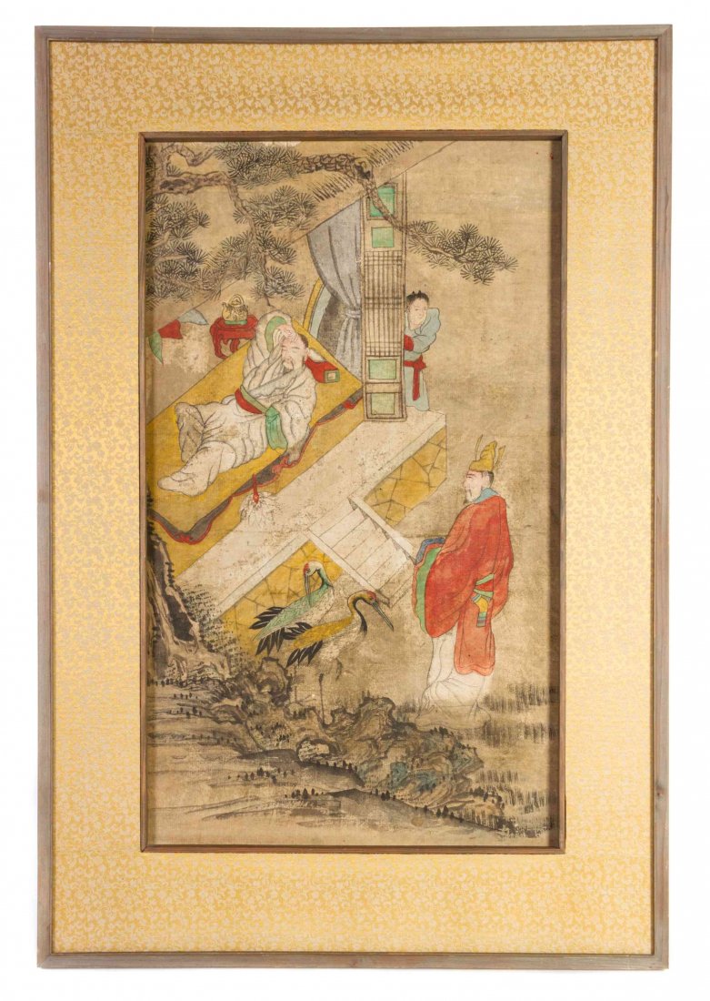 A Group of Three Chinese Paintings, Height 23 x width: A Group of Three Chinese Paintings, each of ink and color on paper, two depicting battle scenes with armored warriors on horseback, the third depicting a courtier calling upon a gentleman, each framed