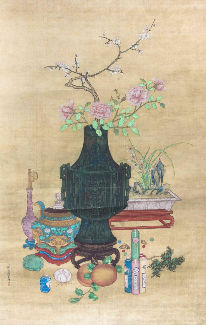 A Chinese Ink and Color Painting on Silk, after Jiang: A Chinese Ink and Color Painting on Silk, after Jiang Tingxi (1669-1732), signed Chen Jiang Tingxi Gonghui with two seals to the lower left, depicting an archaistic bronze vase on a wire inlaid stand,