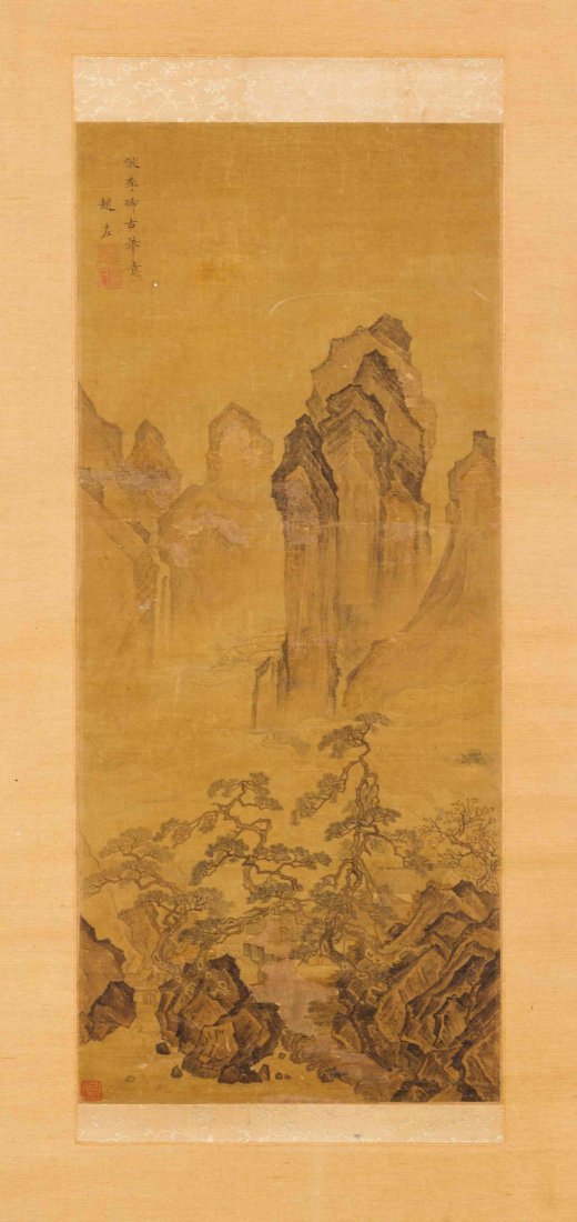A Chinese Scroll Painting, Zhao Zuo (c. 1570-1636),: A Chinese Scroll Painting, Zhao Zuo (c. 1570-1636), ink and color on silk, depicting a landscape with pines and rocks in the foreground, with a single figure, against a mountainous background, after L