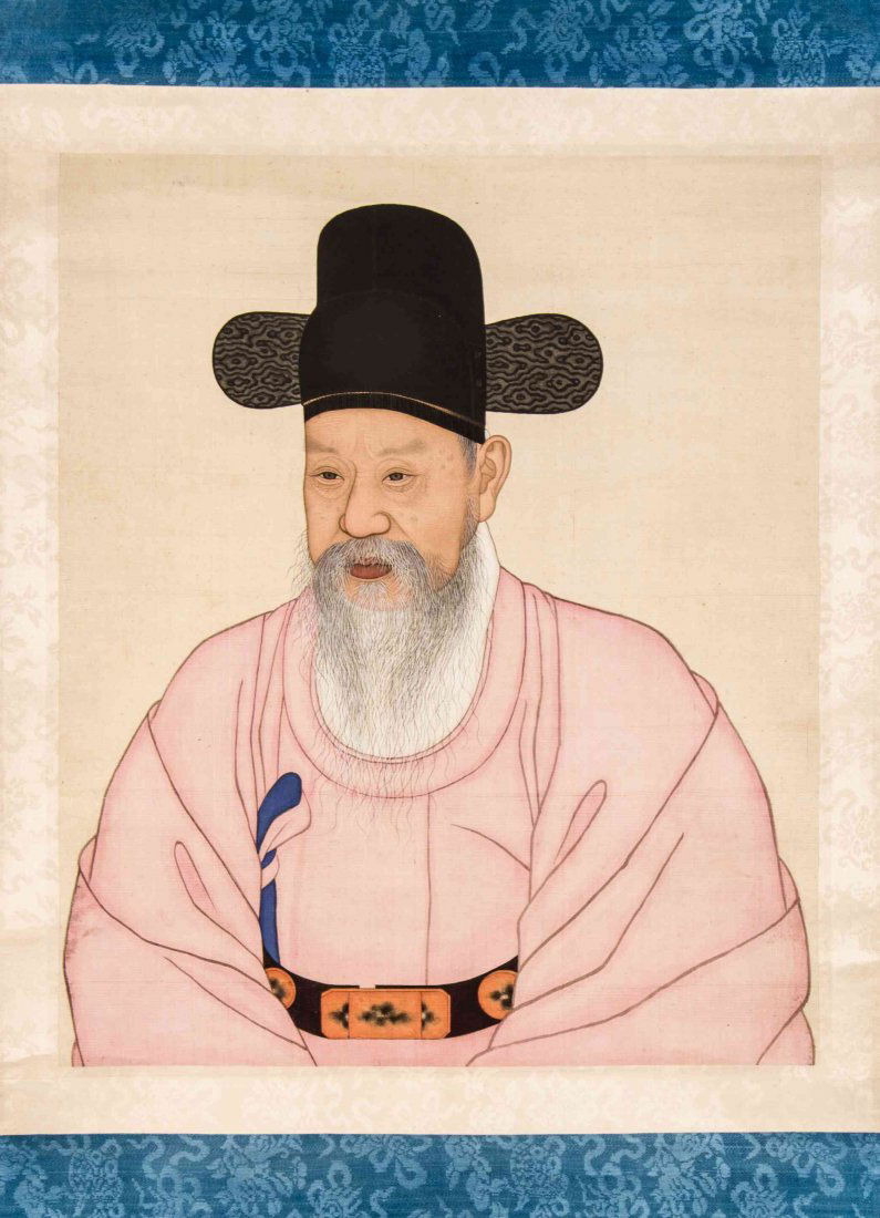 A Korean Hanging Scroll Painting of a Court Official,: A Korean Hanging Scroll Painting of a Court Official, ink and color on silk, the figure depicted in a pink robe and official's hat. Height 33 x width 19 inches.