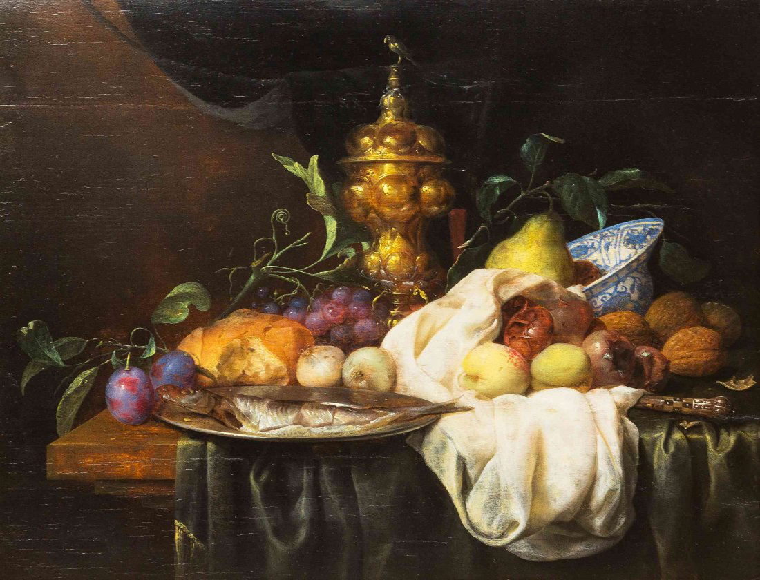 Attributed to Joris van Son, (Flemish, 1623-1667),: Attributed to Joris van Son (Flemish, 1623-1667) Still Life with Fish and Fruit oil on panel signed J. van Son. f (lower left) 19 x 24 1/2 inches.