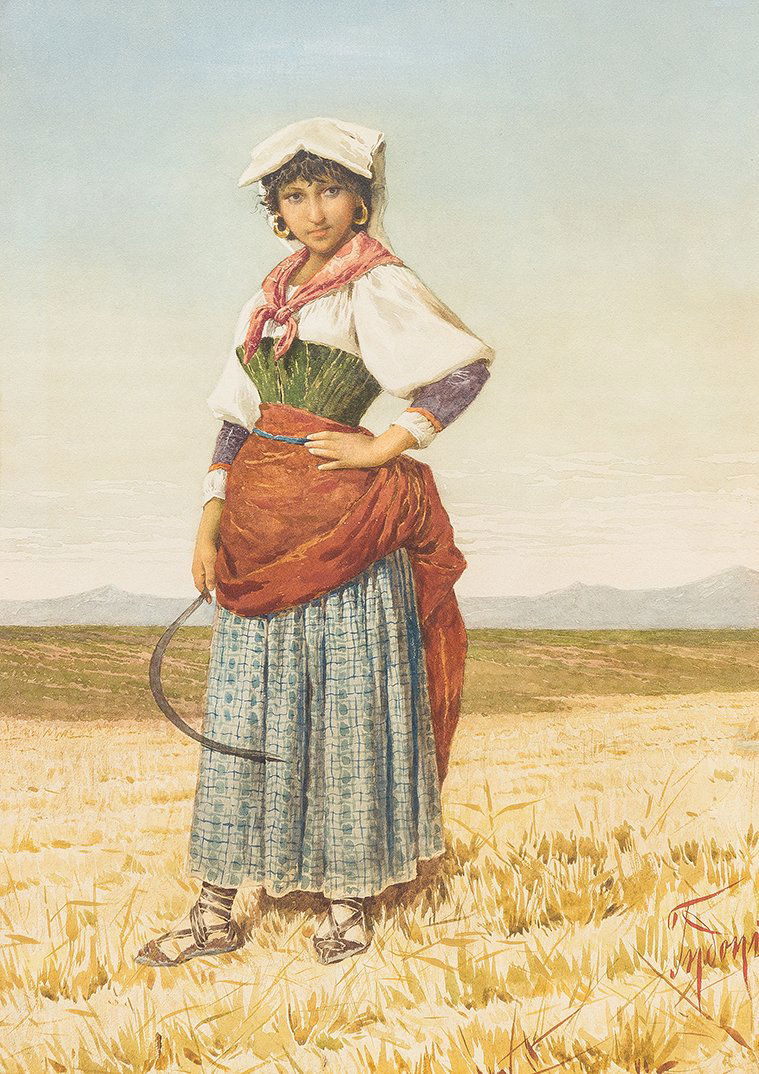 Filippo Indoni, (Italian, 1842-1908), Peasant Woman: Filippo Indoni (Italian, 1842-1908) Peasant Woman watercolor signed Indoni (lower right) 23 x 16 1/2 inches. Condition: Uneven toning to paper; tape residue along all edges, visible on verso and recto