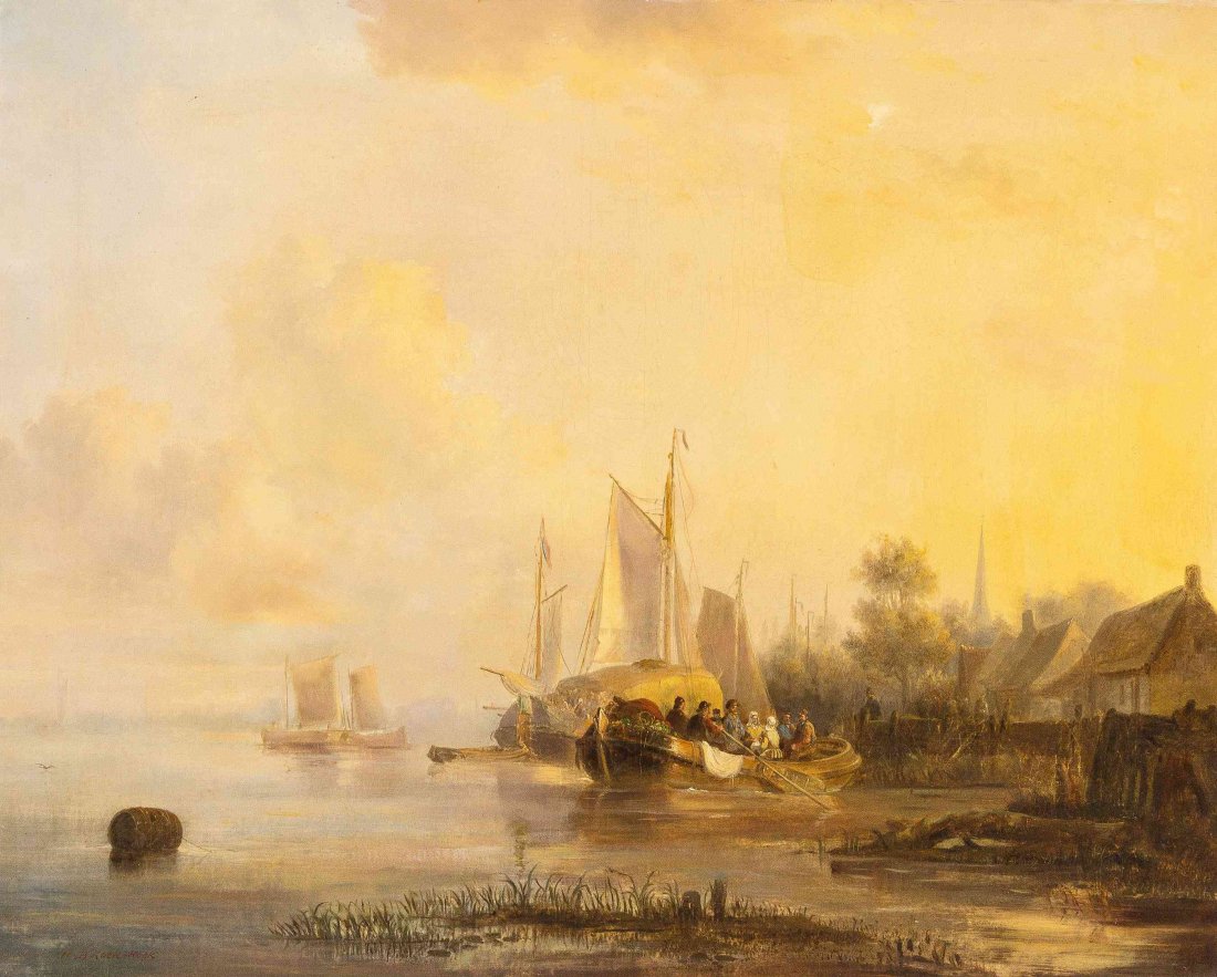 Hendrik Barend Koekkoek, (Dutch, 1849-1909), Harbor: Hendrik Barend Koekkoek (Dutch, 1849-1909) Harbor Scene oil on board signed H.B. Koekkoek (lower left) 29 x 35 inches. Provenance: Marshall Field & Company, Chicago Condition: Radiating craquelure fro
