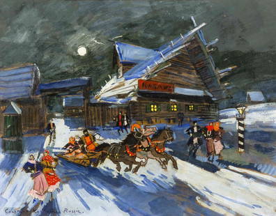 Konstantin Alexeievitch Korovin, (Russian, 1861-1939),: Konstantin Alexeievitch Korovin (Russian, 1861-1939) Sledding at Night oil on board signed Constant Korovine and inscribed (lower left) 13 x 16 inches.