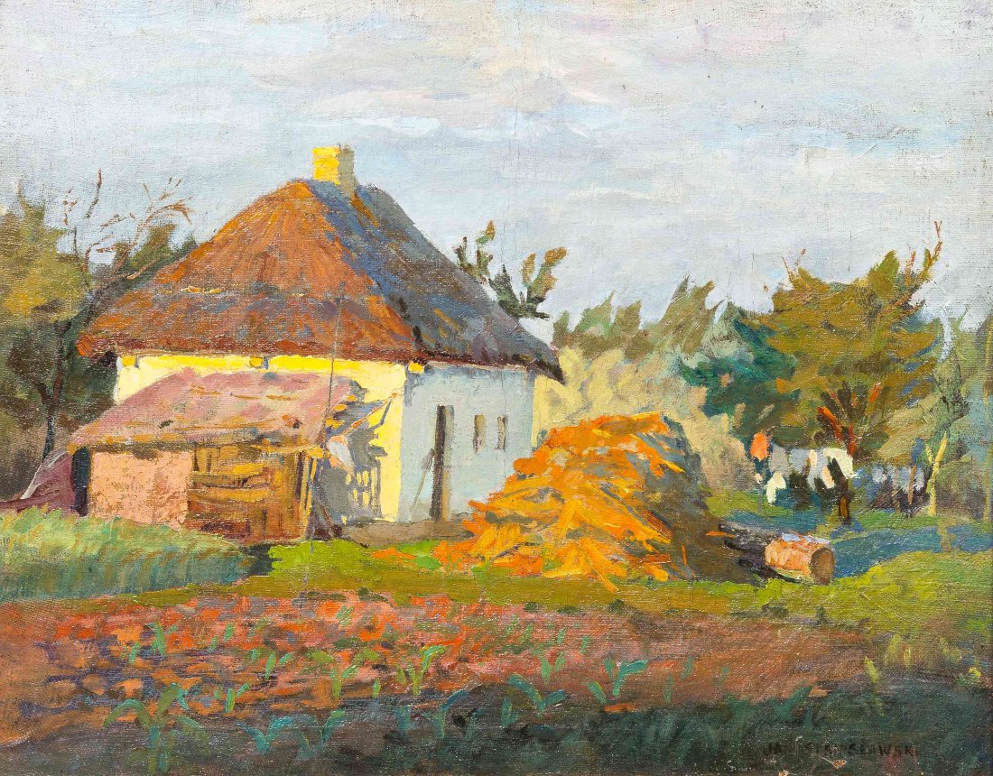 Jan Stanislawski, (Polish, 1860-1907), Cottages in Twil: Jan Stanislawski (Polish, 1860-1907) Cottages in Twilight oil on canvas signed Jan Stanislawski (lower right) 16 1/2 x 20 1/2 inches. Property from the Collection of Mr. Krzysztof Zakreta, Chicago, Il