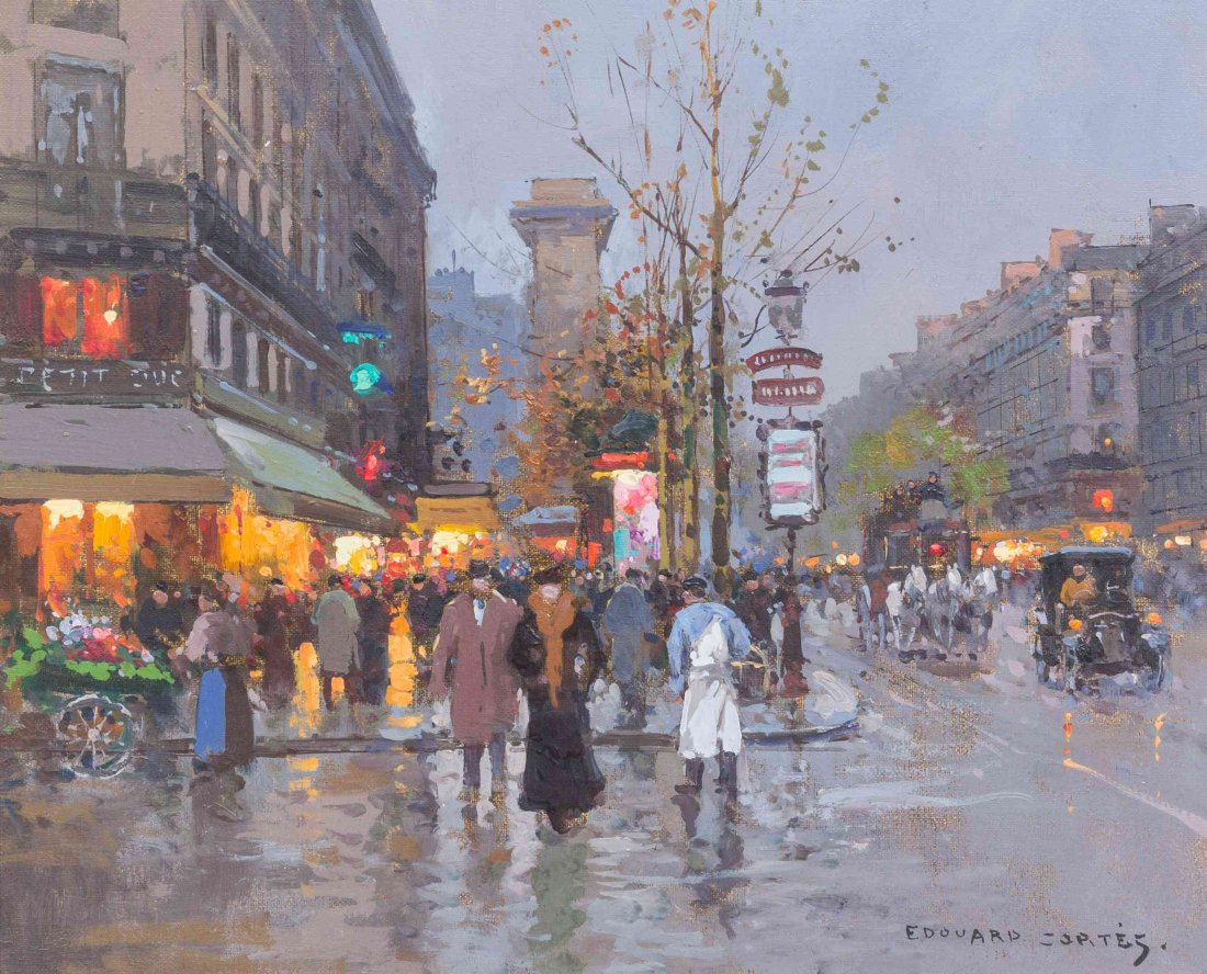 Edouard Leon Cortes, (French, 1882-1969), Cafe de la: Edouard Leon Cortes (French, 1882-1969) Cafe de la Paix oil on canvas signed Edouard Cortes (lower right) 15 1/4 x 18 inches. Property from the Kramer Collection, Phoenix, Arizona Provenance: Internat