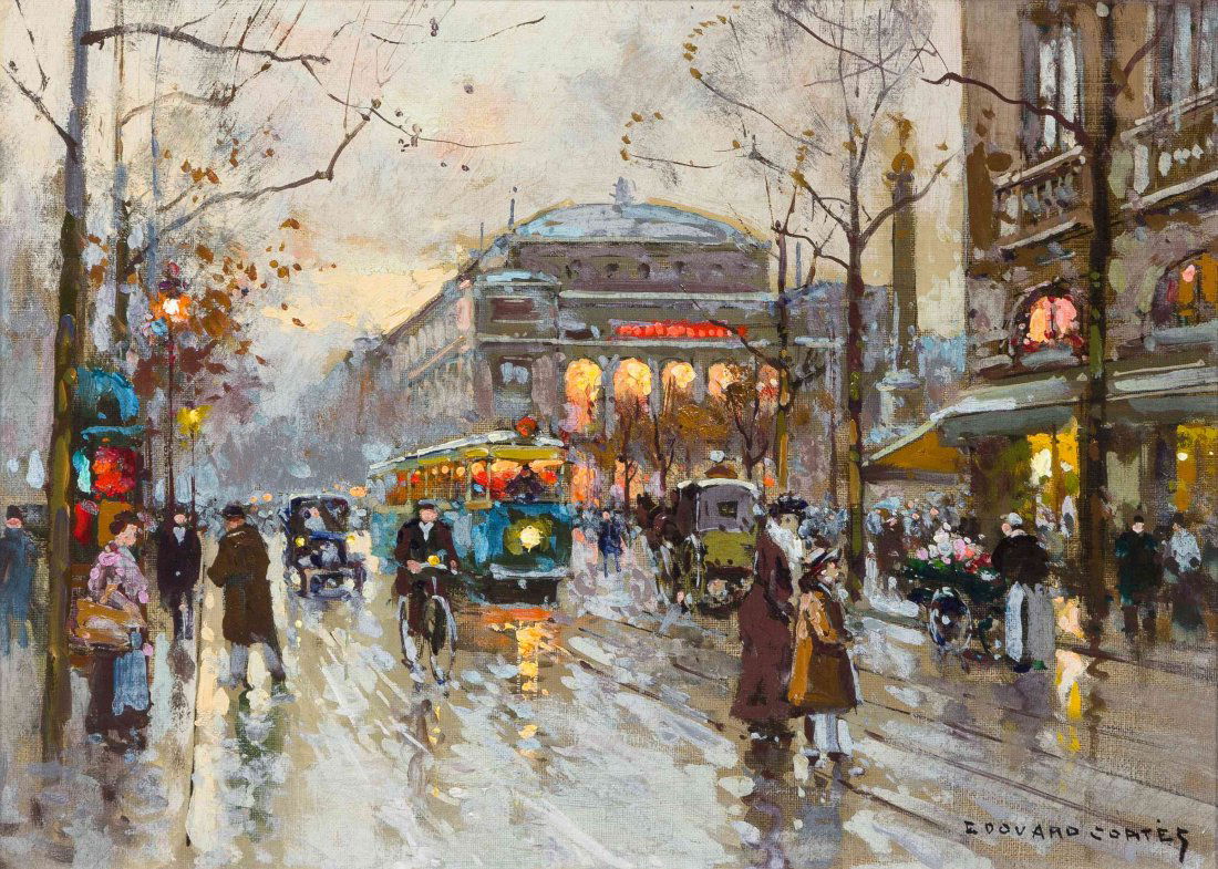 Edouard L?on Cort?s, (French, 1882-1969), Theatre du: Edouard L?on Cort?s (French, 1882-1969) Theatre du Chatelet oil on canvas signed Edouard Cortes (lower right) 13 x 18 inches.