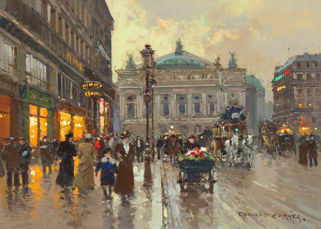 Edouard Leon Cortes, (French, 1882-1969), Place de: Edouard Leon Cortes (French, 1882-1969) Place de lÆOp?ra oil on canvas signed Edouard Cortes (lower right) 13 x 18 inches. Provenance: R.S. Johnson Galleries, Chicago Condition: Isolated areas of hai