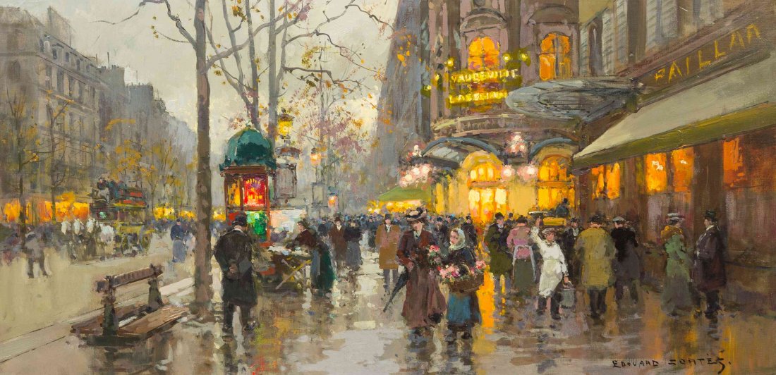 Edouard Leon Cortes, (French, 1882-1969), Theatre du: Edouard Leon Cortes (French, 1882-1969) Theatre du Vaudeville oil on canvas signed Edouard Cortes (lower right) 20 x 40 inches. Property from the Collection of Sheridan Fitzgerald, El Paso, Texas Prov