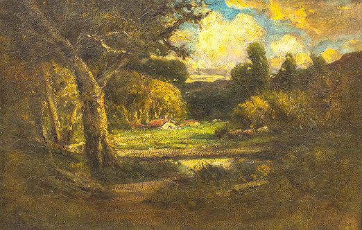 William Keith, (Scottish, 1838-1911), Landscape with: William Keith (Scottish, 1838-1911) Landscape with Cows and a House oil on canvas signed W. Keith (lower left) 16 x 24 inches. Property from the Estate of Harold Hartshorne, Jr., Lake Geneva, Wisconsi