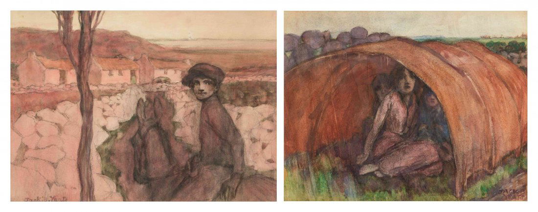 Jack Butler Yeats, (Irish, 1871-1957), The Ballad: Jack Butler Yeats (Irish, 1871-1957) The Ballad Singer's Children and Boy on a Horse (a pair of works) watercolor on artist board each signed Jack B. Yeats Each: 10 1/2 x 14 1/2 inches.