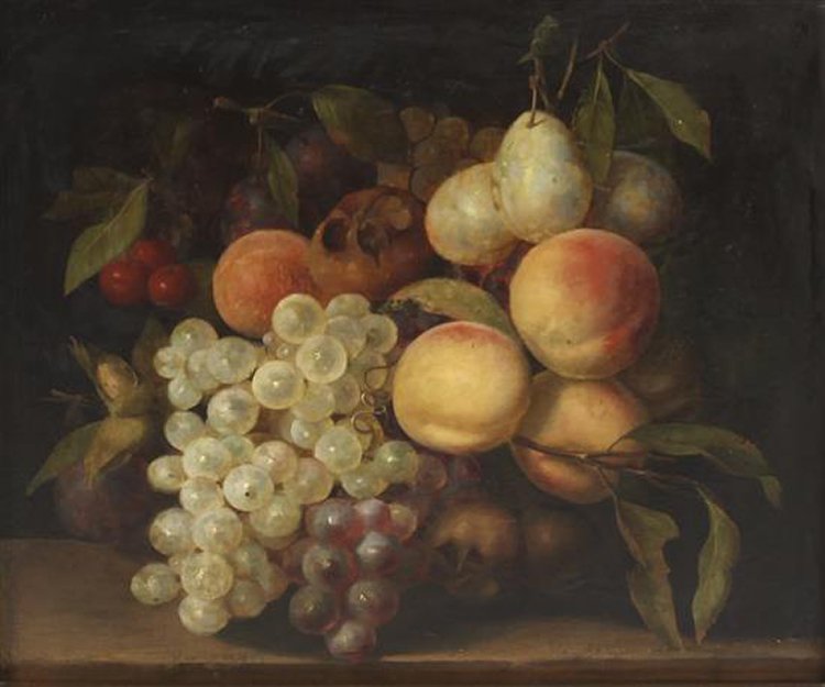 George Lance, (British, 1802-1864), Still Life with: George Lance (British, 1802-1864) Still Life with Peaches and Grapes oil on panel signed Lance and inscribed (verso) 12 1/4 x 14 1/4 inches. Property from the Collection of Joan Little, Centennial, Co