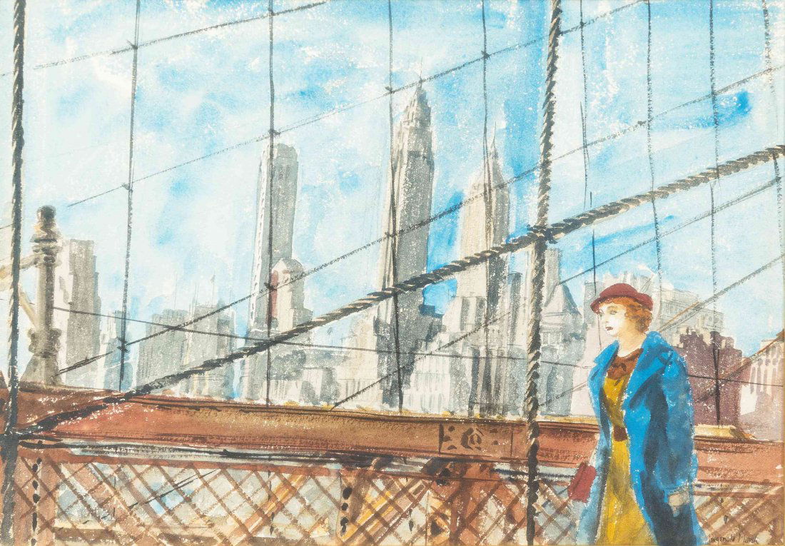 Reginald Marsh, (American, 1898-1954), Girl Walking on: Reginald Marsh (American, 1898-1954) Girl Walking on the Brooklyn Bridge watercolor signed Reginald Marsh (lower right) 14 x 19 inches. Property from the Collection of Dr. Donald Miller, Chicago, Illi