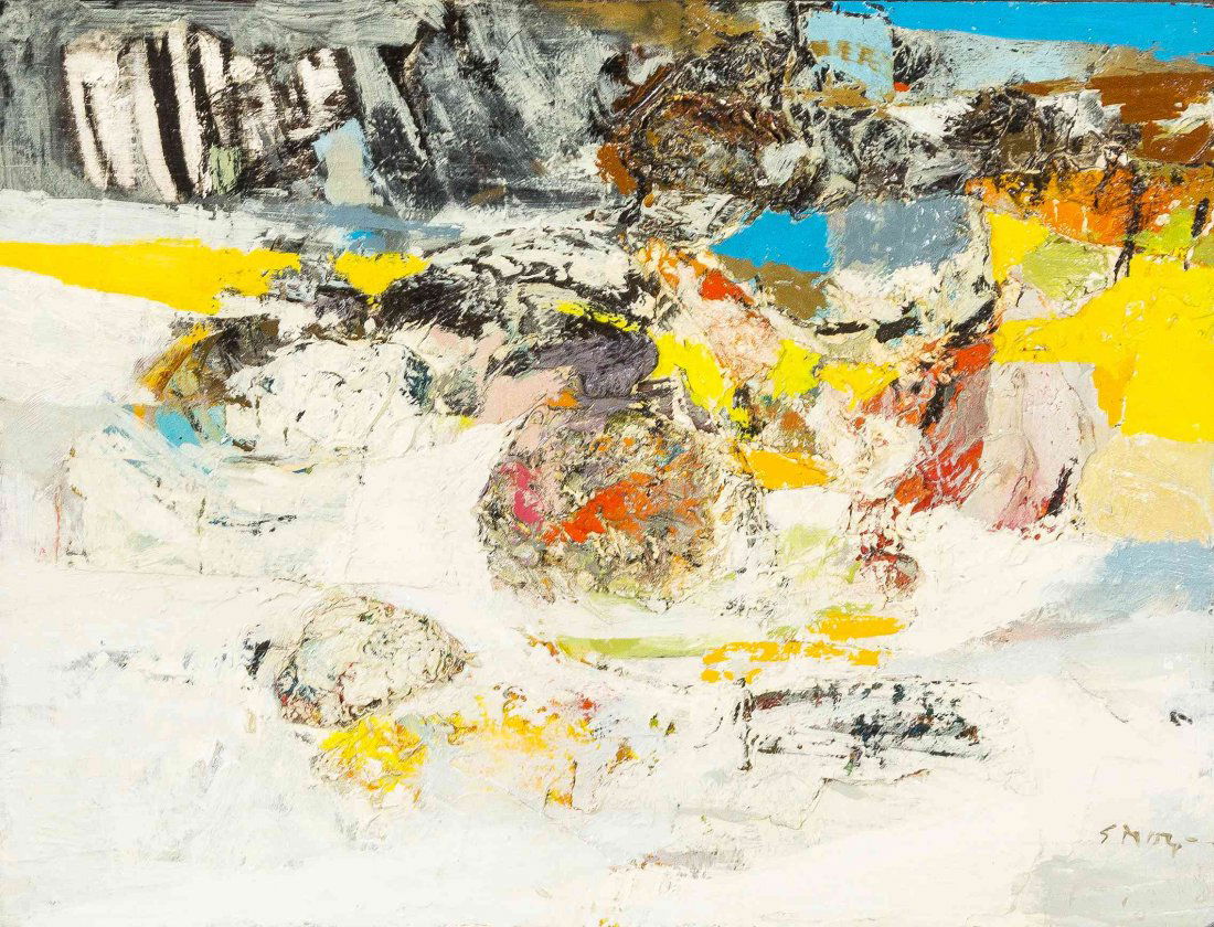 Seong Moy, (American/Chinese, 1921-2013), White Beach,: Seong Moy (American/Chinese, 1921-2013) White Beach, 1957 oil on panel signed S. Moy (lower right) 12 x 16 inches.