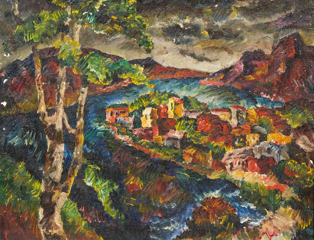 William Samuel Schwartz, (American/Russian, 1896-1977),: William Samuel Schwartz (American/Russian, 1896-1977) Town Landscape oil on canvas laid to board signed William S. Schwartz (lower right) 16 x 20 inches. Condition: There are various isolated areas of