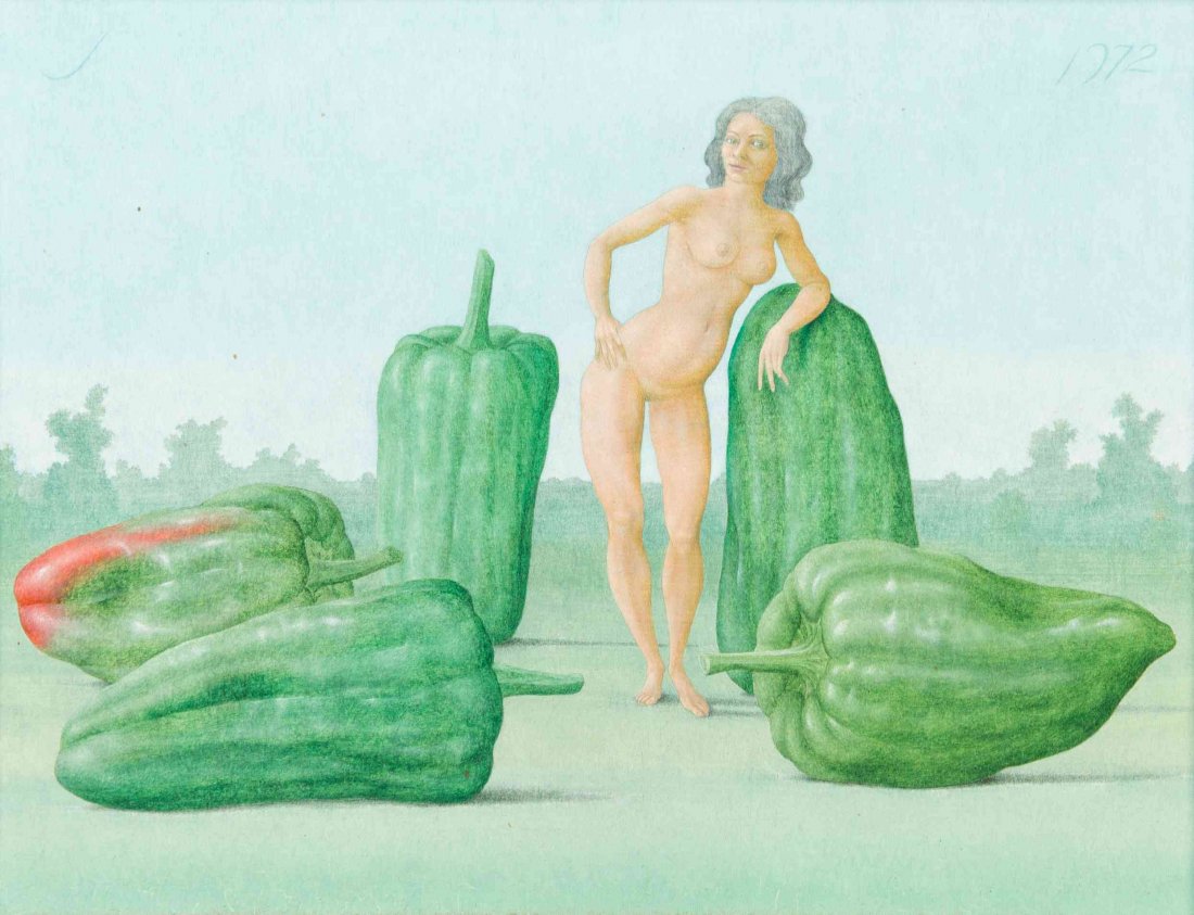 John Wilde, (American, 1919-2006), Shirley with Green: John Wilde (American, 1919-2006) Shirley with Green Peppers, 1972 oil on panel dated (upper left); signed John Wilde, titled and dated (verso) 8 x 10 inches. Property from the Collection of the Betty