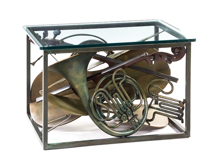 Arman, (American/French, 1928-2005), Musical Instrument: Arman (American/French, 1928-2005) Musical Instrument Table bronze and glass 18 1/2 x 29 x 21 inches. Provenance: Hotel Le Parc, Le Parc Jazz Lounge, Paris, France Condition: Please contact us for a c