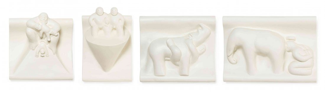 Tom Otterness, (American, b. 1952), Life and Death, The: Tom Otterness (American, b. 1952) Life and Death, The Humble King, 1982-91 (together with two additional wall reliefs) cast plaster reliefs each inscribed Otterness and dated Largest: 10 1/2 x 14 1/2