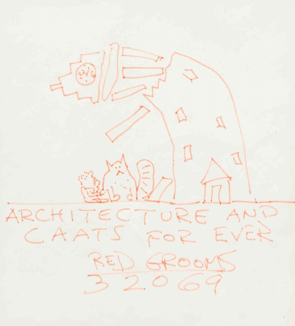 Red Grooms, (American, b. 1937), Architecture and Caats: Red Grooms (American, b. 1937) Architecture and Caats for Ever, 1969 red felt tip pen on paper signed Red Grooms and dated (lower center) 8 1/3 x 7 5/8 inches. Property from the Collection of John Roe
