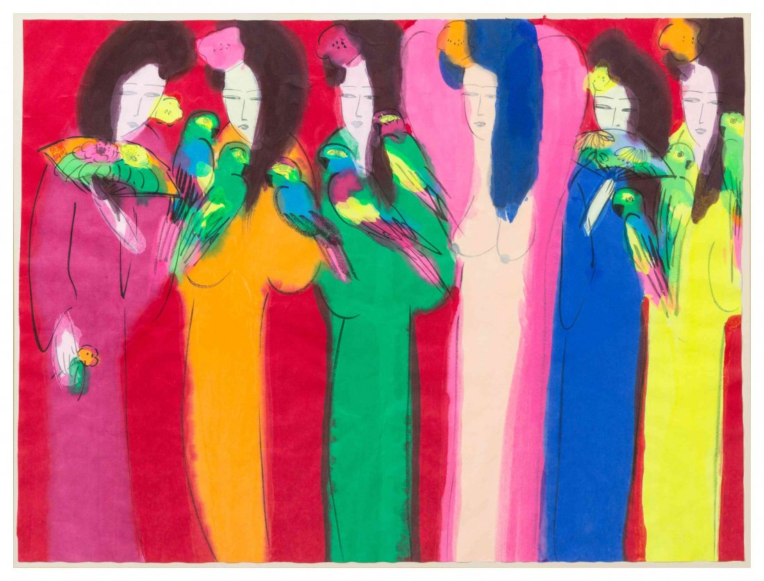 Walasse Ting, (American/Chinese, 1929-2010), Untitled: Walasse Ting (American/Chinese, 1929-2010) Untitled (Six Women and Eight Birds) gouache on paper 17 5/8 x 23 1/2 inches. Provenance: The London Arts Group, Detroit, Michigan Condition: There is light 