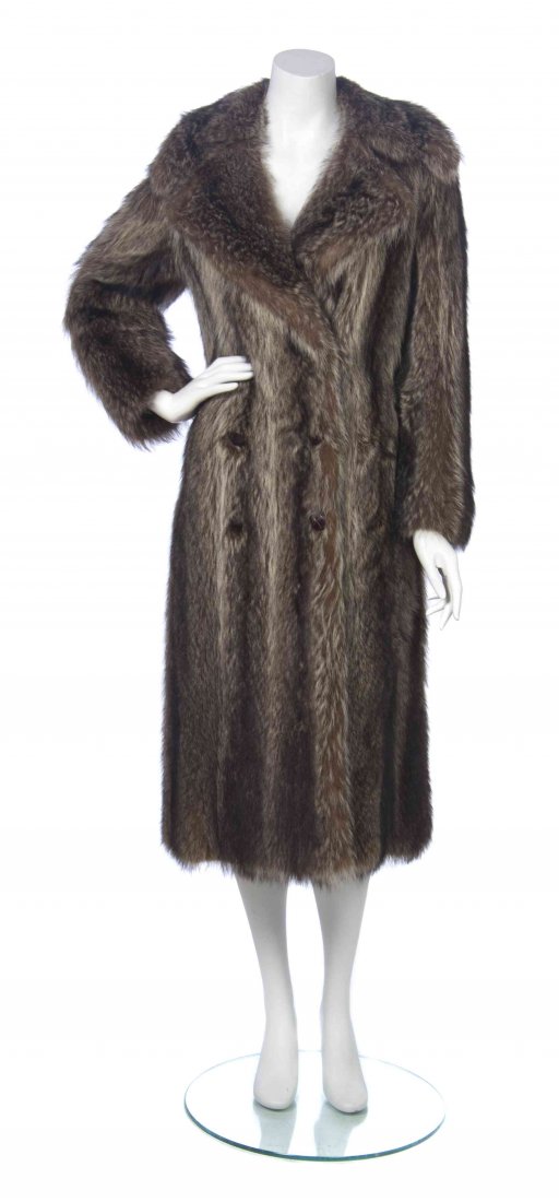 A Calvin Klein Brown Fur Coat,: A Calvin Klein Brown Fur Coat, double breasted, button front. Labeled: Calvin Klein. Property from the Estate of Dorothy Parrott Hughes, Kenilworth, Illinois Condition: Measurements: Bust: 17.5" flat