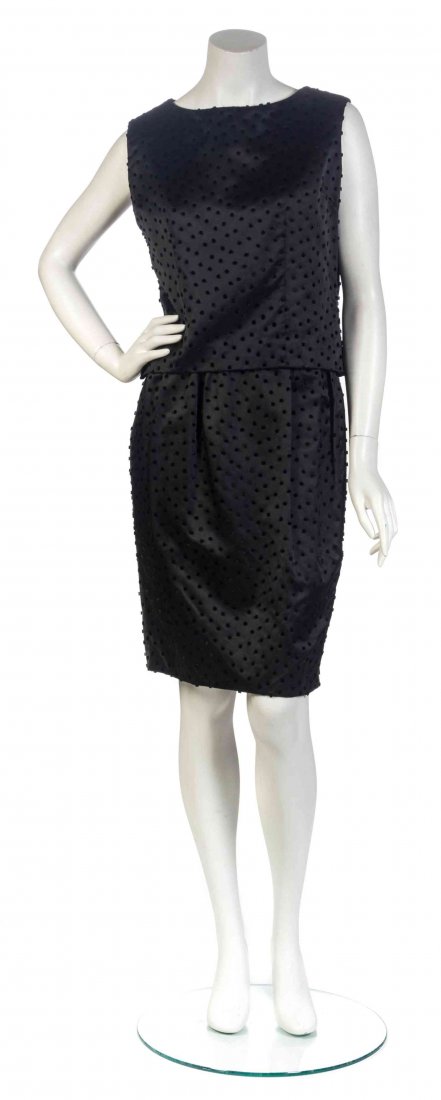 An Yves Saint Laurent for Christian Dior Couture Black: An Yves Saint Laurent for Christian Dior Couture Black Swiss Dot Dress Ensemble, circa 1958, comprised of a black sleeveless dress with a Swiss dot skirt, together with a matching sleeveless top with 