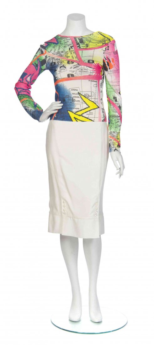 A Christian Dior Multicolor Skirt Ensemble, Sweater: A Christian Dior Multicolor Skirt Ensemble, comprised of a multicolor neon graphic map print sweater, with a deep 'V' to the back; together with a high-waisted ivory linen pencil skirt, with a side sp