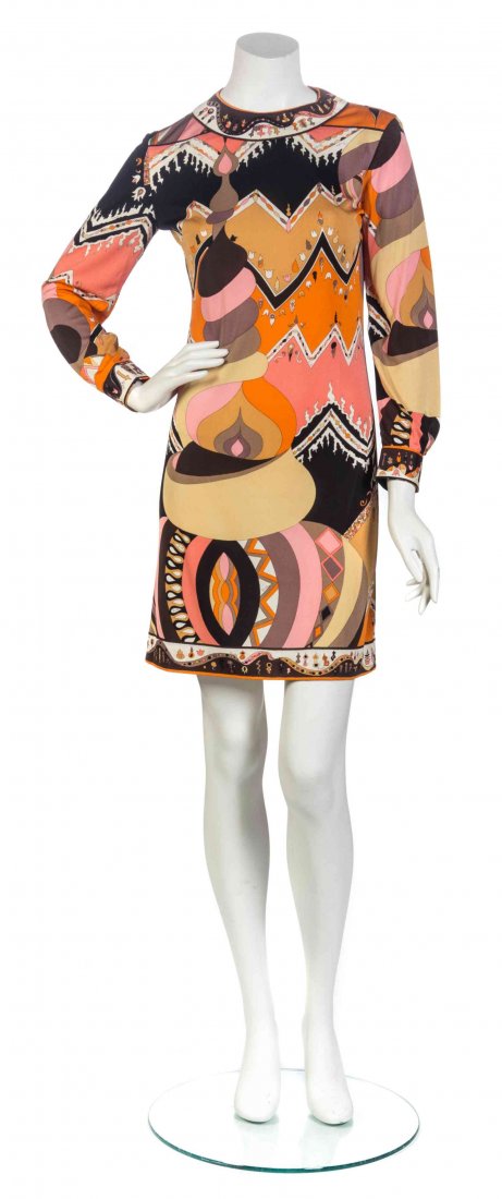An Emilio Pucci Print Dress, Size 8.: An Emilio Pucci Print Dress, jewel neckline, with quarter length sleeves. Labeled: Emilio Pucci. Size 8. Condition: Overall very good condition. Please note the following: Minimal to no signs of wear.