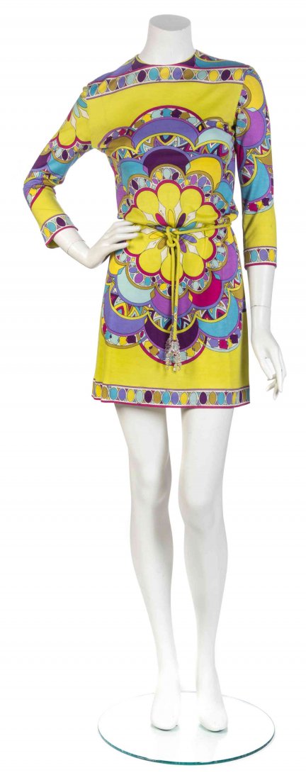 An Emilio Pucci Chartreuse Cashmere and Silk Print: An Emilio Pucci Chartreuse Cashmere and Silk Print Dress, in a multicolor mosaic print motif, with cropped sleeves and a zipper back closure, together with a matching rope belt with faceted clear bead