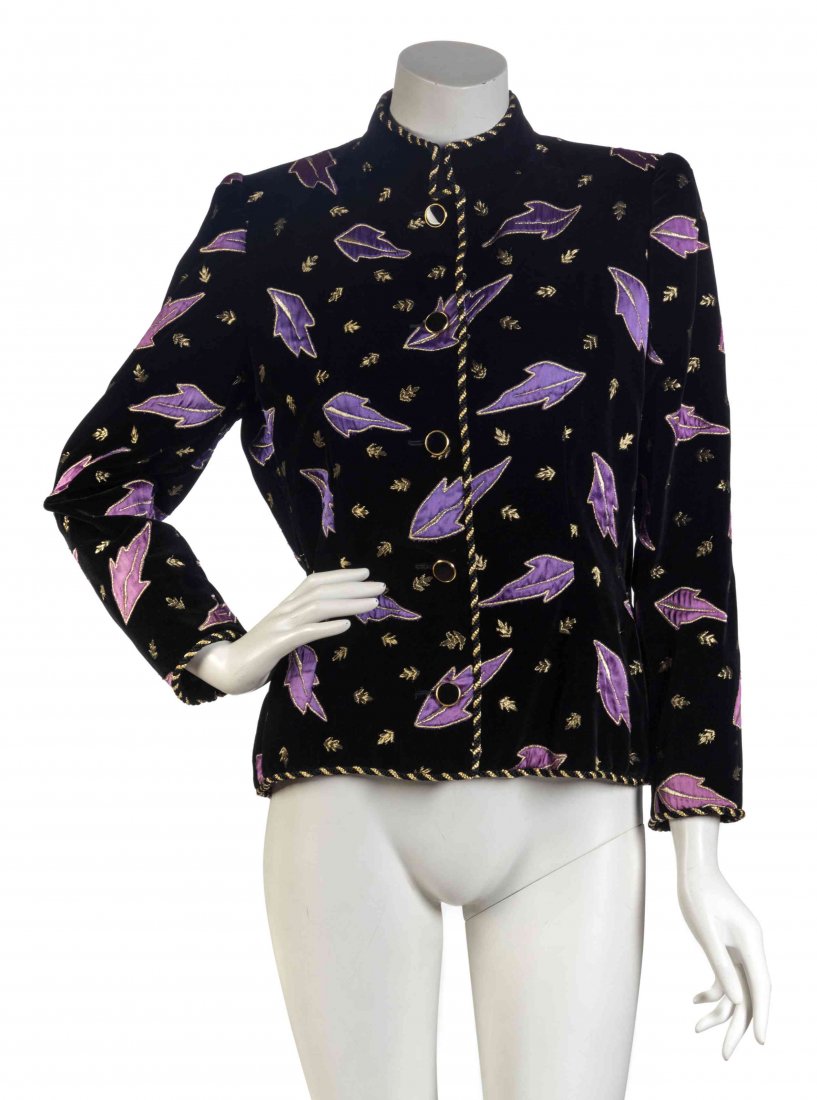 A Givenchy Couture Black Velvet Jacket,: A Givenchy Couture Black Velvet Jacket, with an all-over purple and gold Lurex leaf embroidery, a braided gold and black silk trim and round goldtone black buttons. Labeled: Givenchy / Tape label: 655
