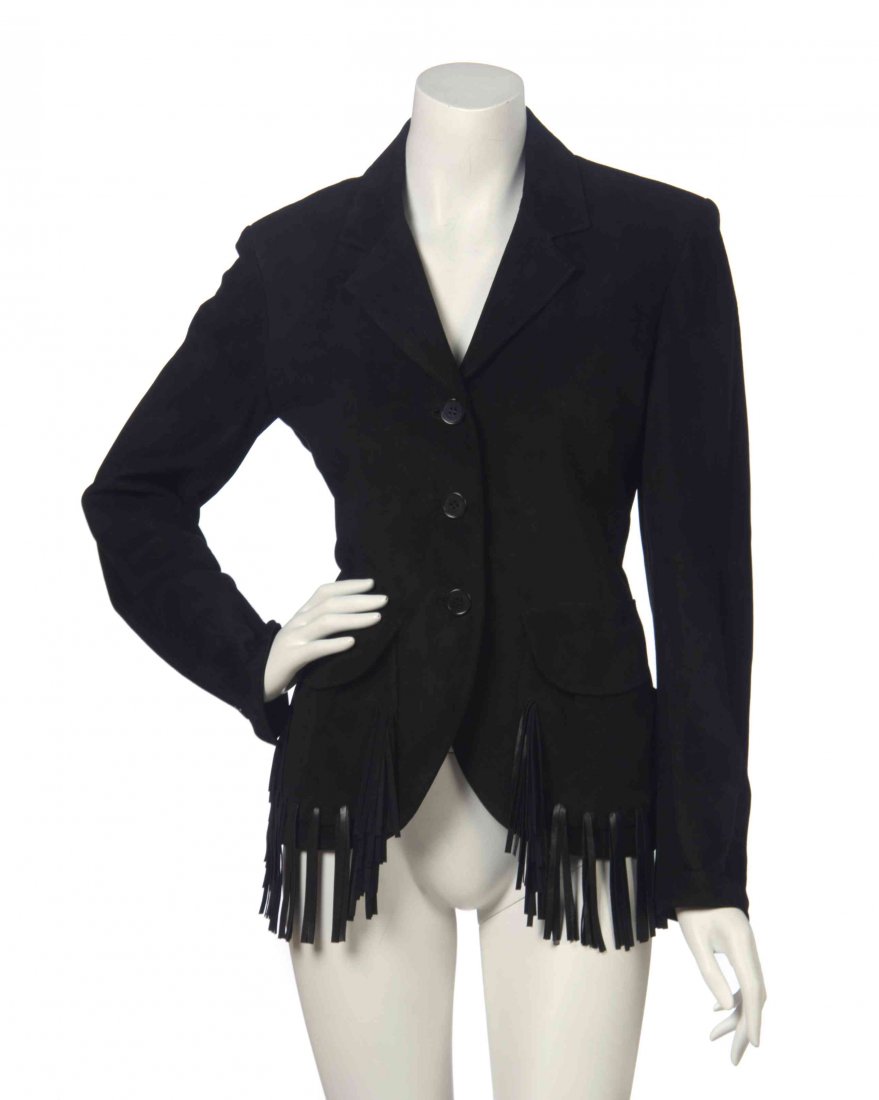 An Hermes Black Suede Jacket, Size 40.: An Hermes Black Suede Jacket, single breasted with leather fringe to the patch pockets. Labeled: Hermes. Size 40. Condition: Overall excellent condition, like new with tags still attached.