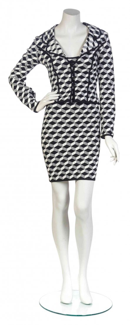 An Herve Leger Black and White Cube Print Ensemble,: An Herve Leger Black and White Cube Print Ensemble, comprised of a sleeveless bandage dress with a black racer stripe trim together with a single breasted fitted cropped jacket. Labeled: Herve Leger.