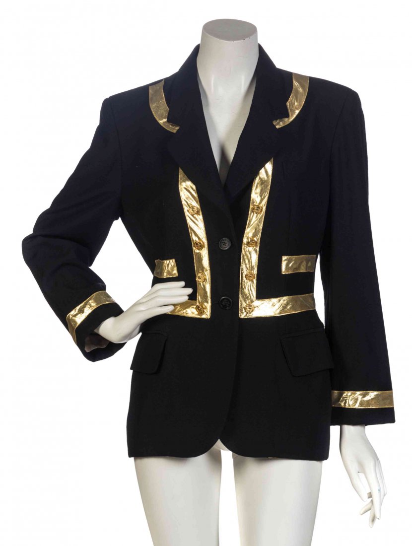 A Moschino Cheap and Chic Black Wool Jacket: A Moschino Cheap and Chic Black Wool Jacket Fall/Winter 1989-90. single breasted, with a decorative Lurex 'Chanel jacket' trim, goldtone buttons, and ivory lining with a laurel print and 'Autunno-Inve