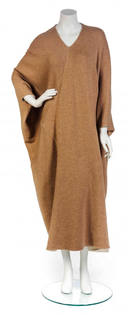 A Ralph Rucci Taupe and Ivory Double Cashmere Caftan,: A Ralph Rucci Taupe and Ivory Double Cashmere Caftan, with a V-neckline and side split hems. Labeled: Chado Ralph Rucci. Size M.