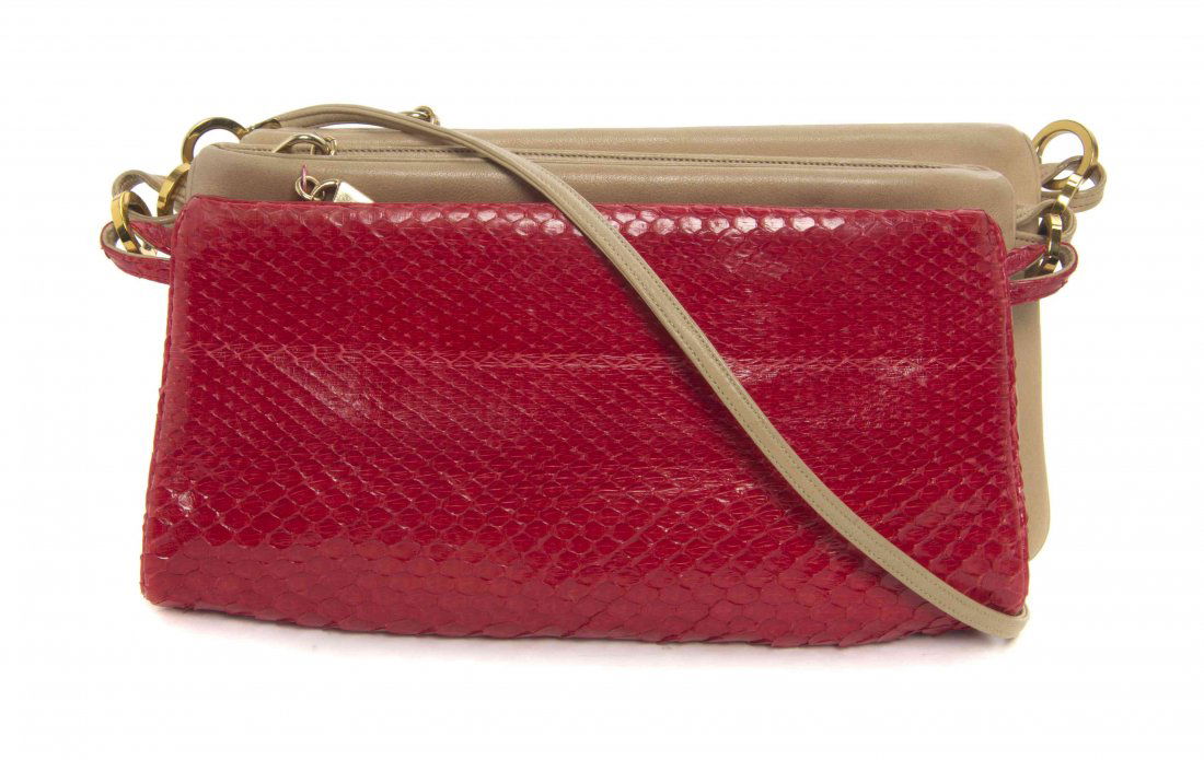 A Judith Leiber Red and Tan Leather Triple Pouch Bag, 8: A Judith Leiber Red and Tan Leather Triple Pouch Bag, comprised of two tan leather pouches, together with a red snakeskin pouch, each with zipper closures and interior zippered pockets, joined togethe