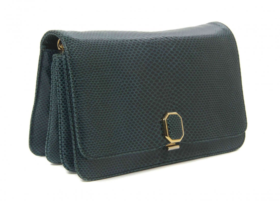 A Judith Leiber Emerald Karung Snakeskin Bag, 7 x 4 1/4: A Judith Leiber Emerald Karung Snakeskin Bag, foldover flap, with a drop in snakeskin shoulder strap, four interior compartments with zippered and scalloped pockets, accessory included. Stamped: Judit
