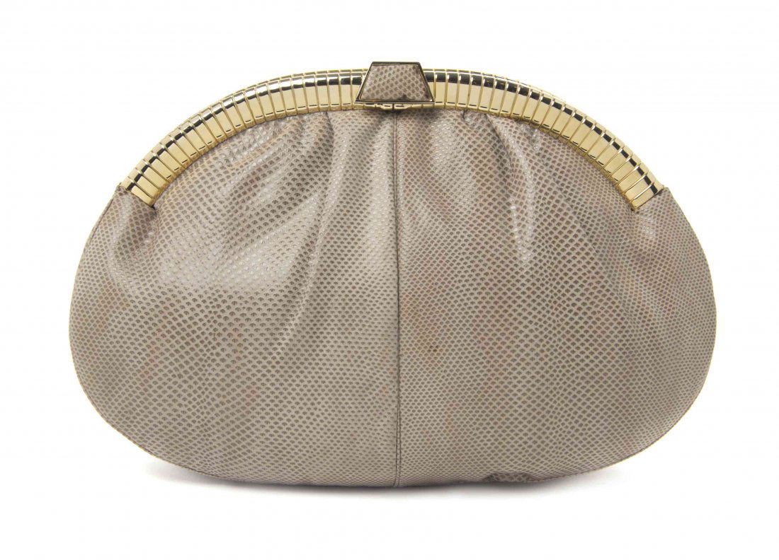 A Judith Leiber Taupe Karung Snakeskin Bag, 11 x 8 x 3: A Judith Leiber Taupe Karung Snakeskin Bag, goldtone frame, push down clasp, drop in goldtone chain strap, interior zippered and scalloped pockets, accessory included. Stamped: Judith Leiber. 11 x 8 x