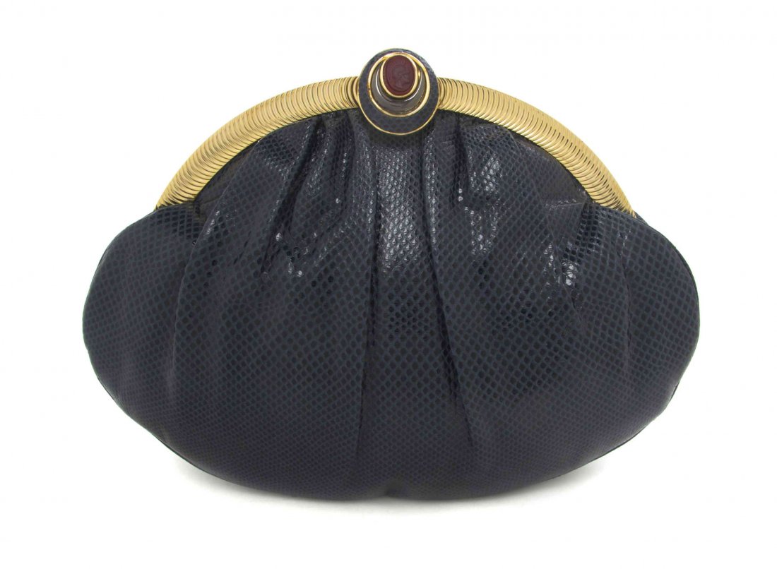 A Judith Leiber Blue Snakeskin Bag, 12 x 12 1/2 x 1 1/2: A Judith Leiber Blue Snakeskin Bag, goldtone frame, with a cameo push down clasp, drop in snakeskin shoulder strap, with interior scalloped and zippered pockets, accessories included. Stamped: Judith