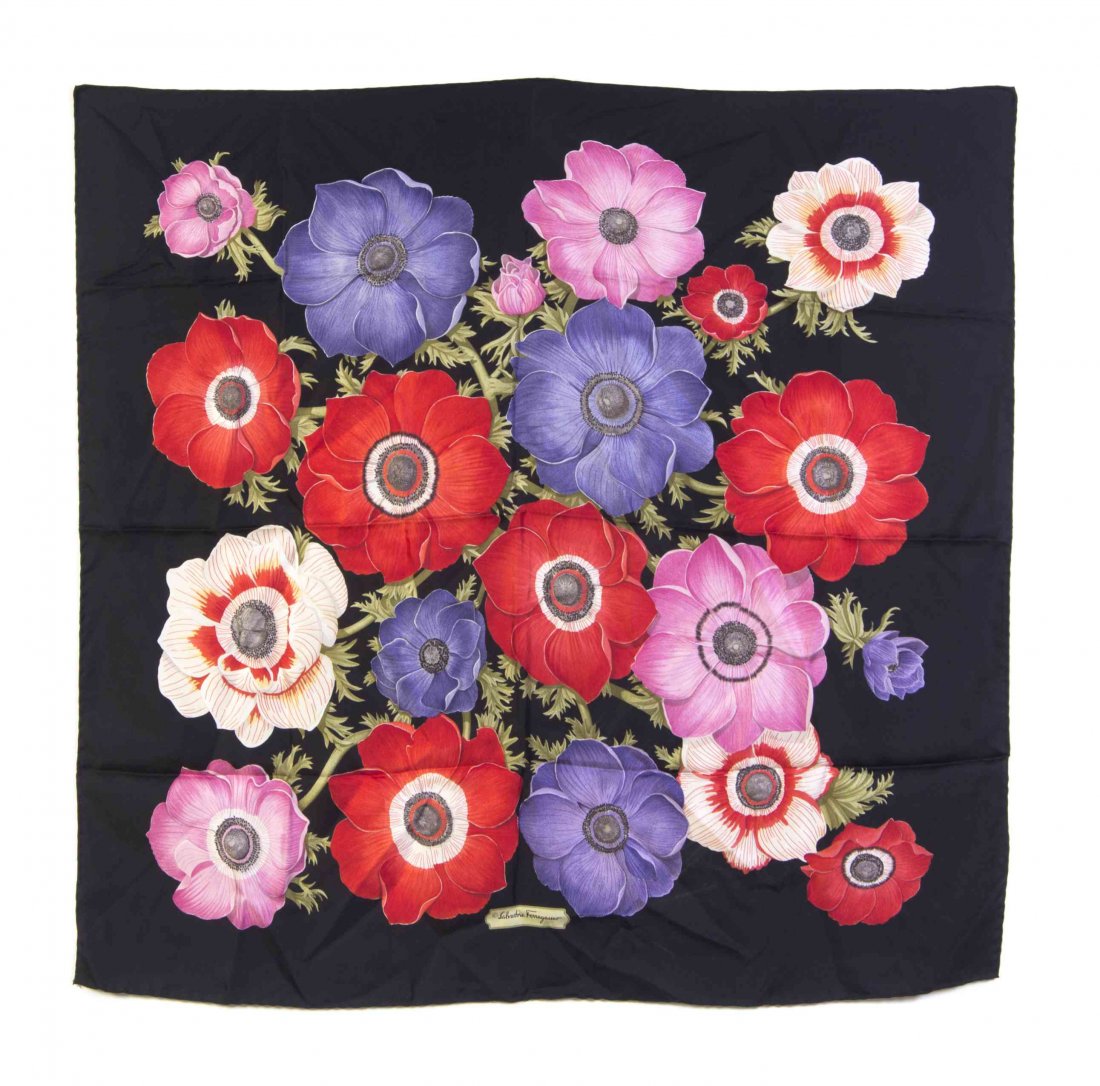 A Group of Four Salvatore Ferragamo Scarves, 34 1/2 x: A Group of Four Salvatore Ferragamo Scarves, in a multicolor print variety. Each labeled: Salvatore Ferragamo. 34 1/2 x 34 inches each. Property from the Estate of Dorothy Parrott Hughes, Kenilworth,