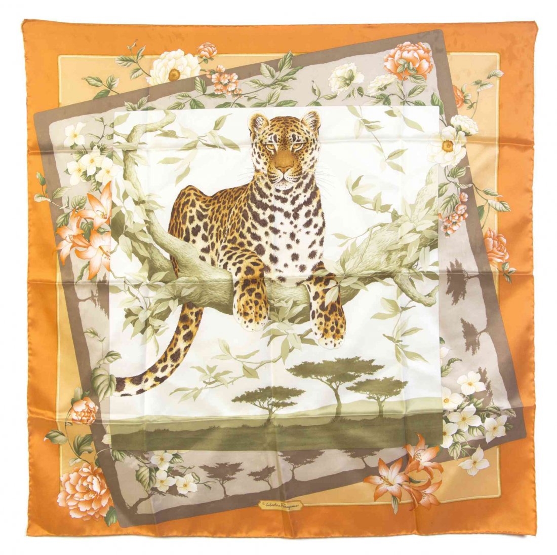 A Group of Four Salvatore Ferragamo Silk Scarves, 34: A Group of Four Salvatore Ferragamo Silk Scarves, in a multicolor print variety. Each labeled: Salvatore Ferragamo. 34 1/2 x 34 inches each. Property from the Estate of Dorothy Parrott Hughes, Kenilwo