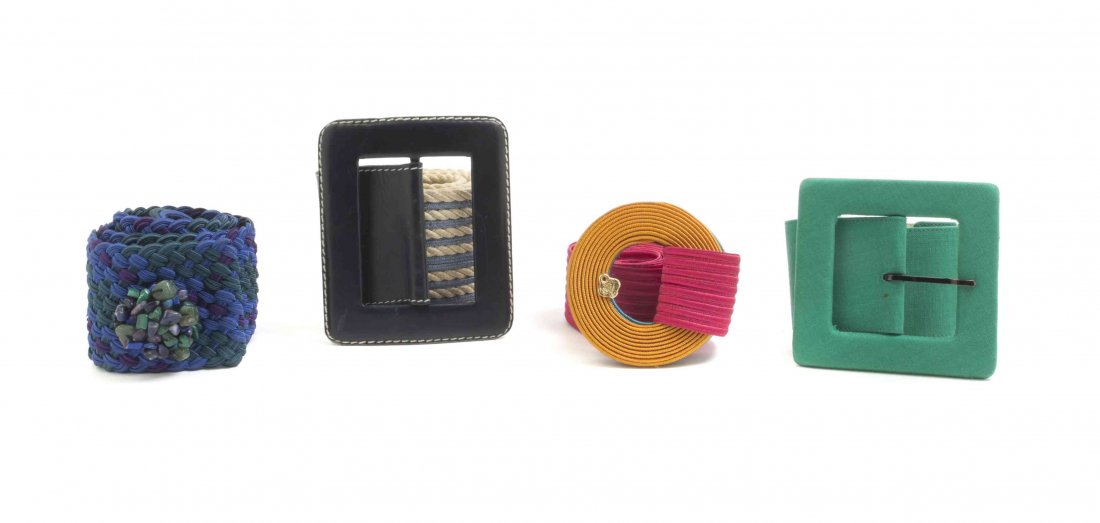 A Group of Four Yves Saint Laurent Belts,: A Group of Four Yves Saint Laurent Belts, comprised of a fuchsia passementerie ribbon belt, an ivory and light blue woven cord belt, a green linen belt, and a blue tricolor woven belt. Two belts are s