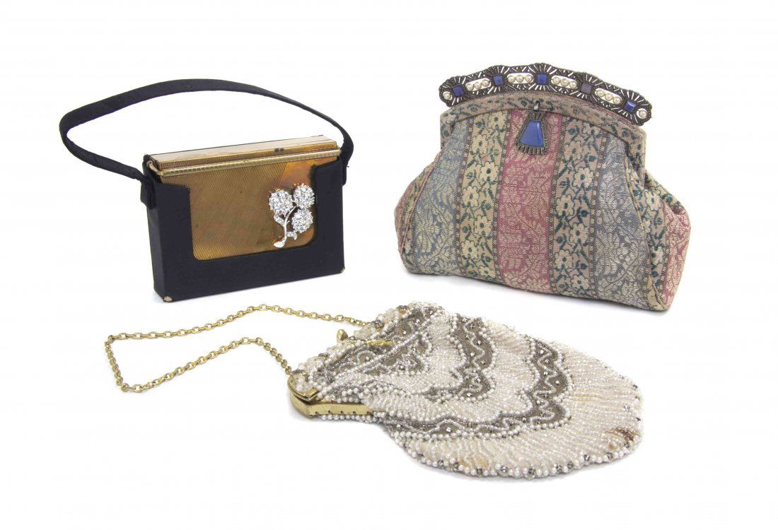 Two Vintage French Evening Purses and One Vanity,: Two Vintage French Evening Purses and One Vanity, comprised of a beaded evening bag with a goldtone chain strap, together with an embroidered silk bag with an art deco frame, and a goldtone vanity wit