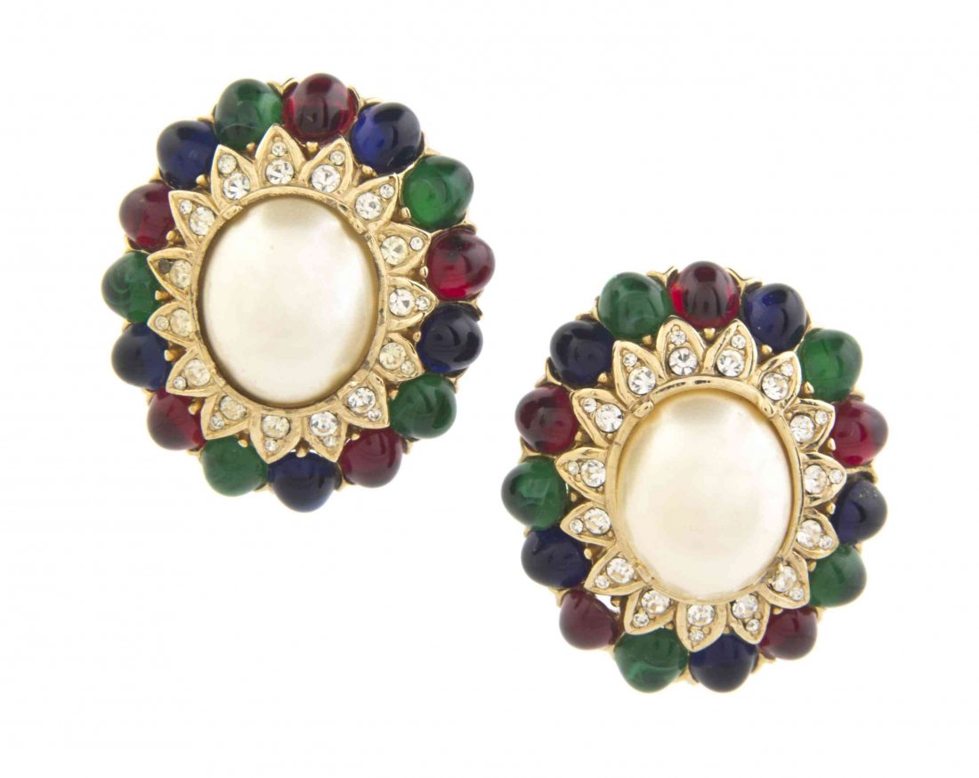 A Pair of Ciner Faux Pearl Earclips,: A Pair of Ciner Faux Pearl Earclips, with a rhinestone and faux semi-precious stone border. Stamped: Ciner. Property from a Private Collection Condition: Overall good condition. Please note the follow