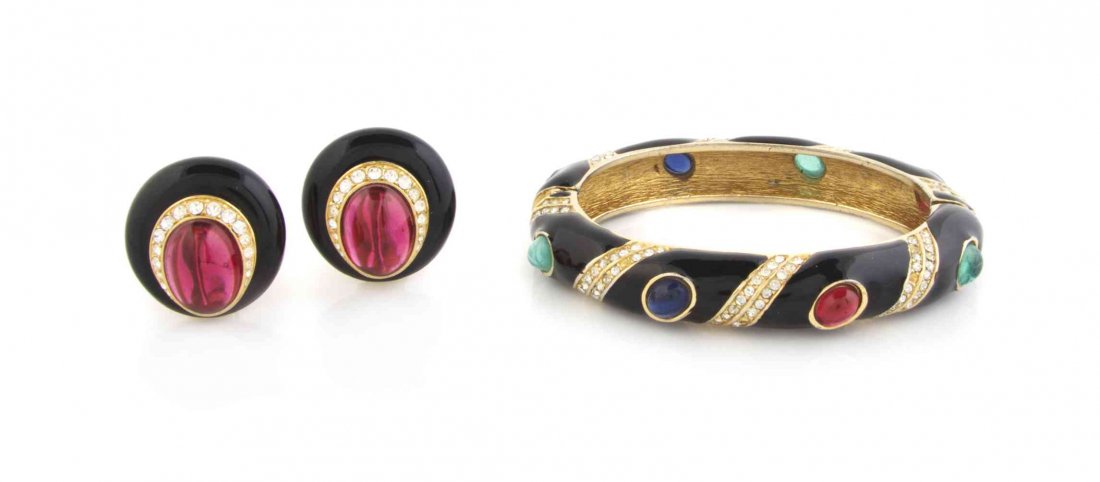 A Ciner Black Enamel Hinge Bracelet,: A Ciner Black Enamel Hinge Bracelet, with rhinestone detailing and multicolor cabochon stones, together with matching earclips. Each stamped: Ciner. Property from the Estate of Dorothy Parrott Hughes,
