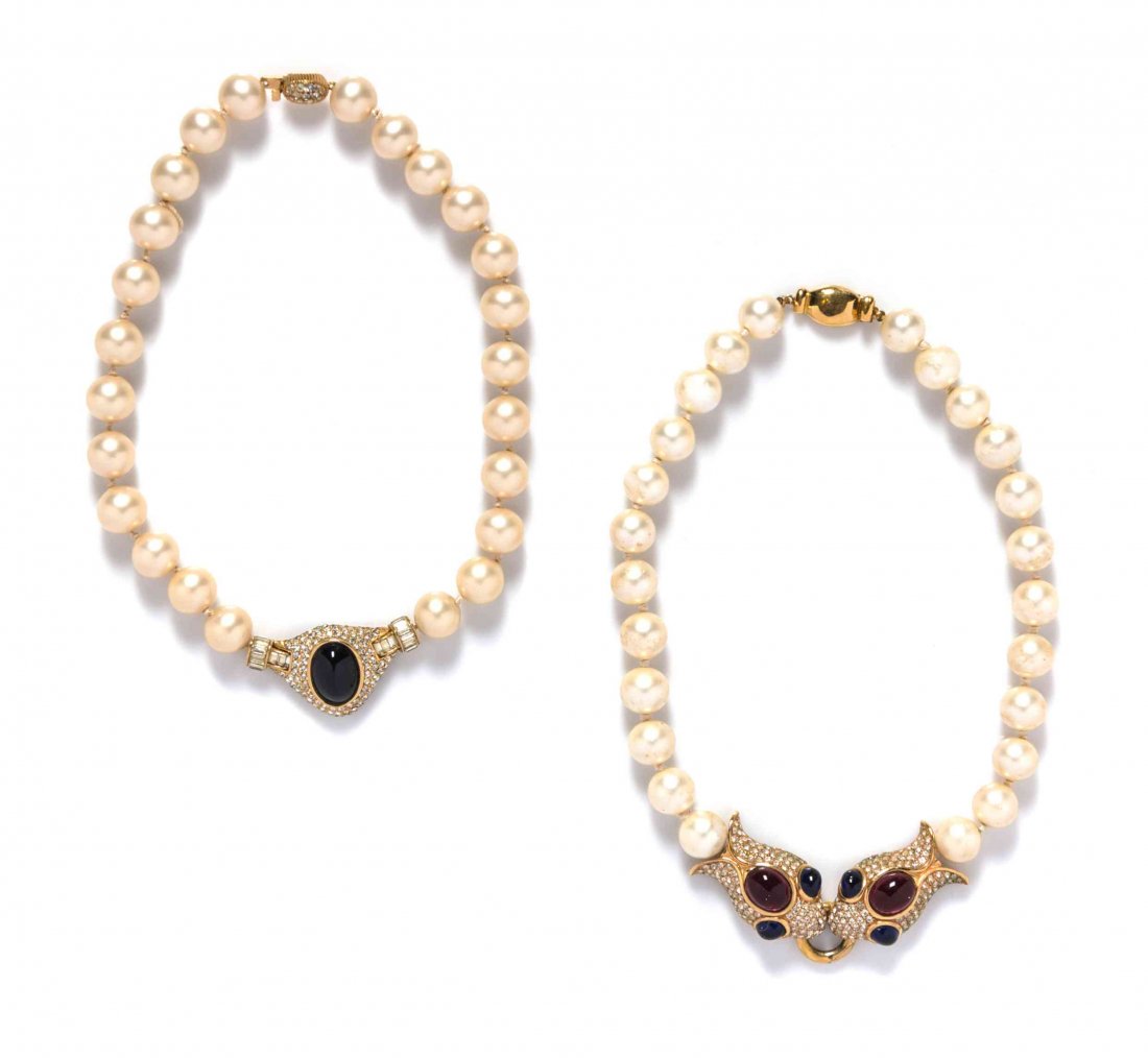 A Group of Three Ciner Faux Pearl Necklaces,: A Group of Three Ciner Faux Pearl Necklaces, comprised of a double strand sautoir, and single strand necklace, each with a pave rhinestone snake head detail, together with a single strand necklace wit