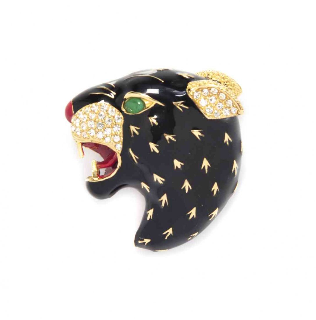 A Ciner Enamel Panther Head Brooch,: A Ciner Enamel Panther Head Brooch, with faux emerald eyes, and pave rhinestone detailing. Stamped: Ciner. Condition: Overall very good condition.