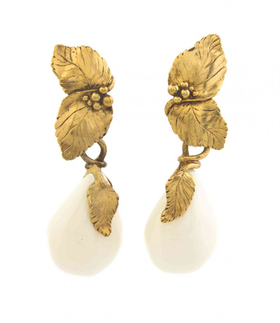 A Pair of Emanuel Ungaro Pear Earrings,: A Pair of Emanuel Ungaro Pear Earrings, with goldtone leaf and berry detail. Stamped: Emanuel Ungaro. Property from the Estate of Dorothy Parrott Hughes, Kenilworth, Illinois Condition: Overall very g