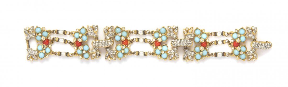 A Kenneth Jay Lane Faux Turquoise and Coral Bracelet,: A Kenneth Jay Lane Faux Turquoise and Coral Bracelet, with pave rhinestones and faux pearls at connecting chain inserts. Stamped: K. J. L. Property from a Private Collection Condition: Overall very go