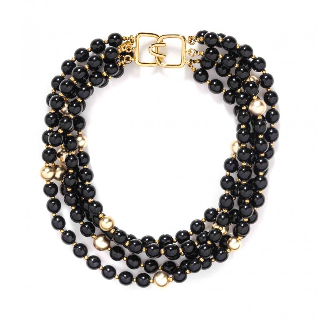 A Kenneth Jay Lane Multi Strand Necklace,: A Kenneth Jay Lane Multi Strand Necklace, with faux jet and goldtone beads. Stamped: Kenneth Lane. Condition: Overall very good condition. Please note the following: Minor scratches to some beads.