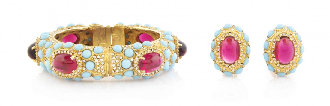A Kenneth Jay Lane Faux Ruby and Turquoise Demi-Parure,: A Kenneth Jay Lane Faux Ruby and Turquoise Demi-Parure, comprised of a hinge bangle bracelet together with matching earclips. Stamped: K. J. L. Property from a Private Collection Condition: Overall ve